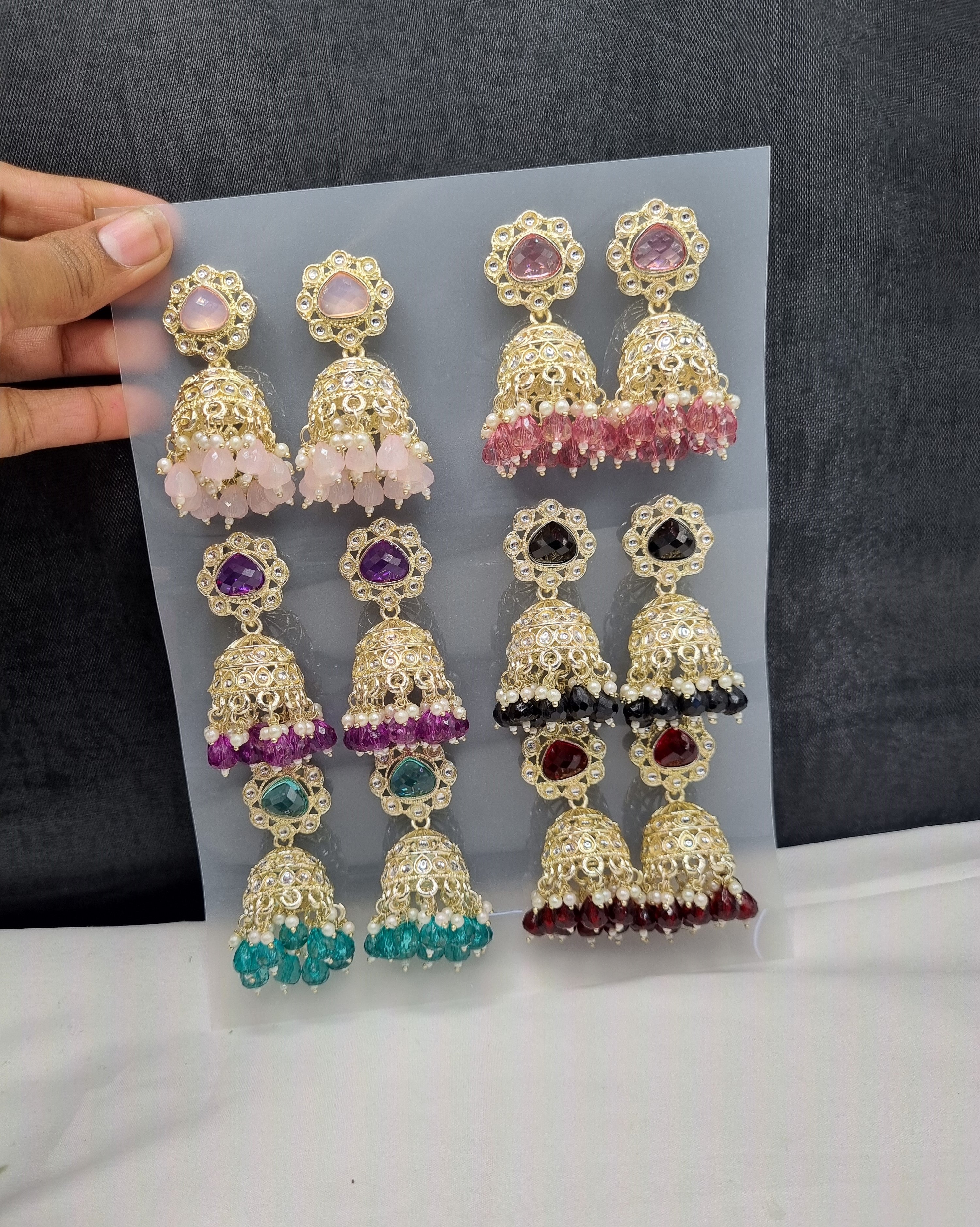TIERED STONE-STUDDED JHUMKA STATEMENT EARRINGS (PACK OF 12)